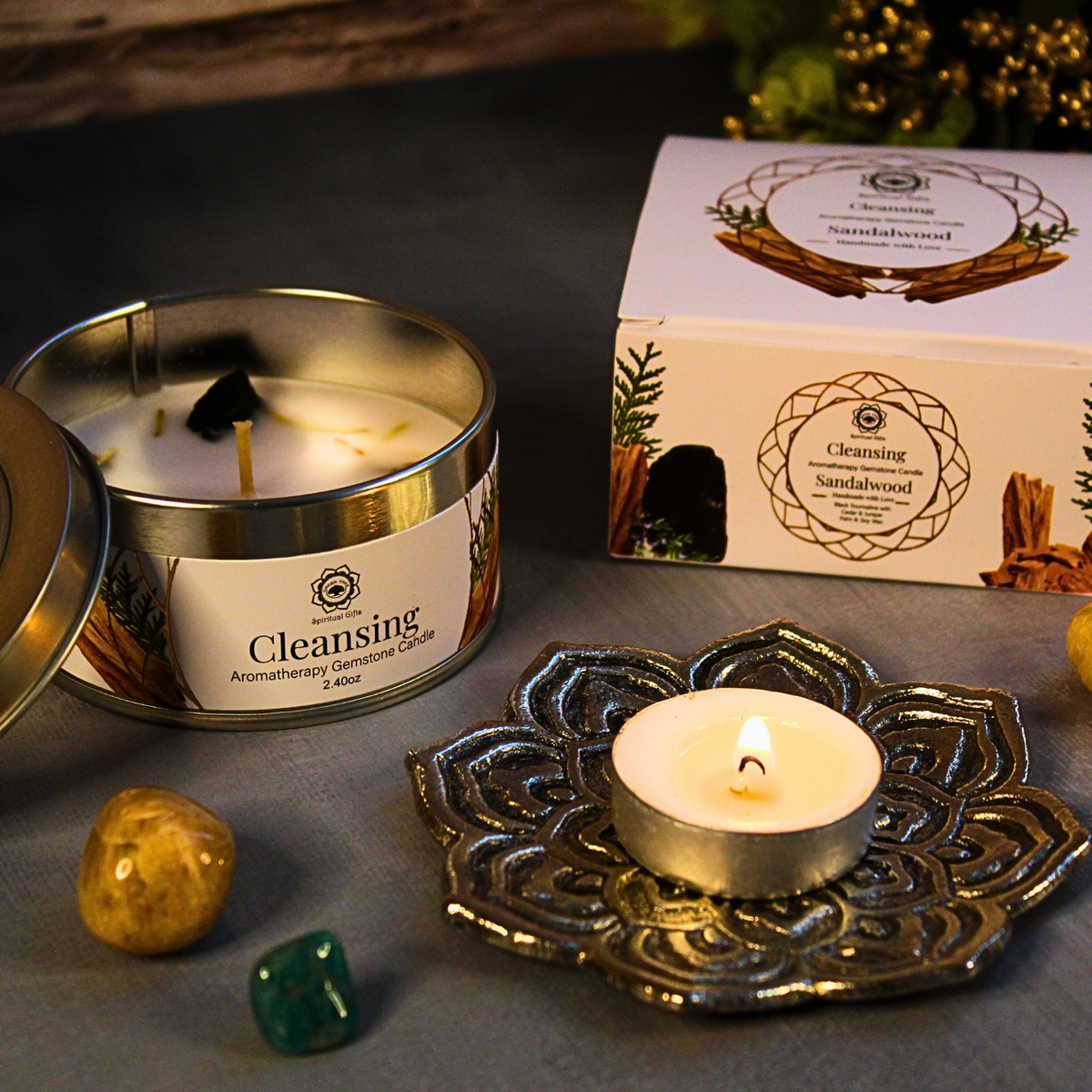 Green Tree Gemstone Candle Cleansing Sandalwood 70g