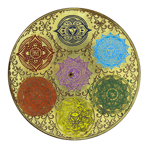 Wood & Brass Round Incense Holder 7 Chakras