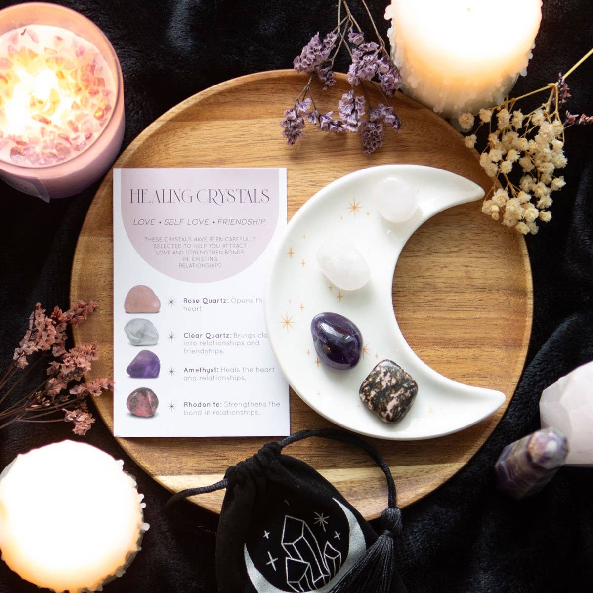 Love Healing Crystal Set With Moon Trinket Dish