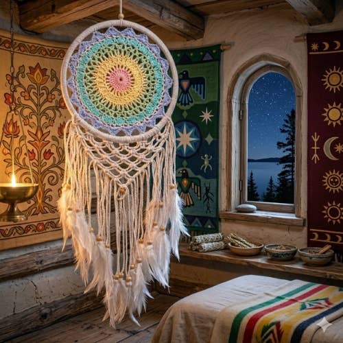 Colourful dreamcatcher with knitted piece, feathers & beads