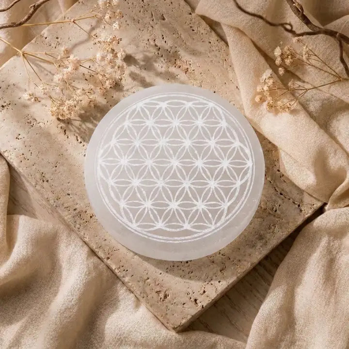 Plaque de rechargement en sélénite, Fleur de Vie (10cm)