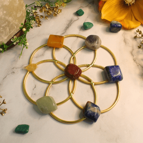 Seed Of Life Grid Gold Finish With 7 Chakra Stones