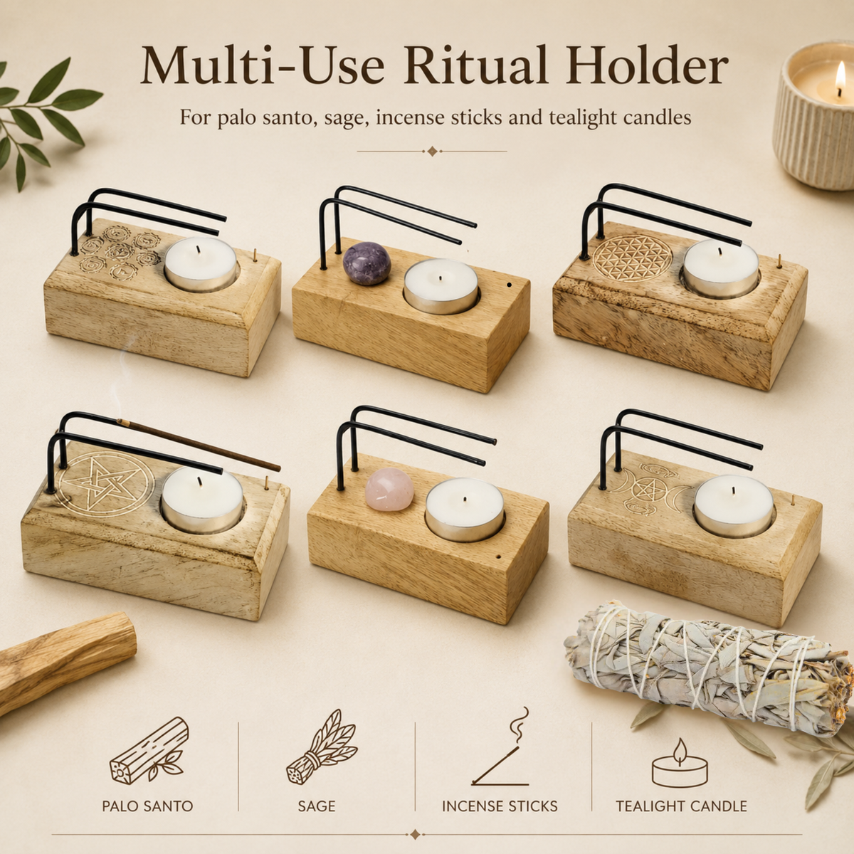 Mango Wood Palo Santo Holder Rose Quartz stone