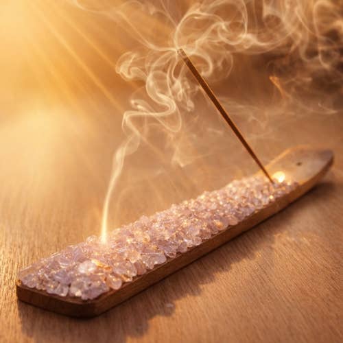 Mango Wood Rose Quartz Incense Holder with Natural chipstones (Set of 6)