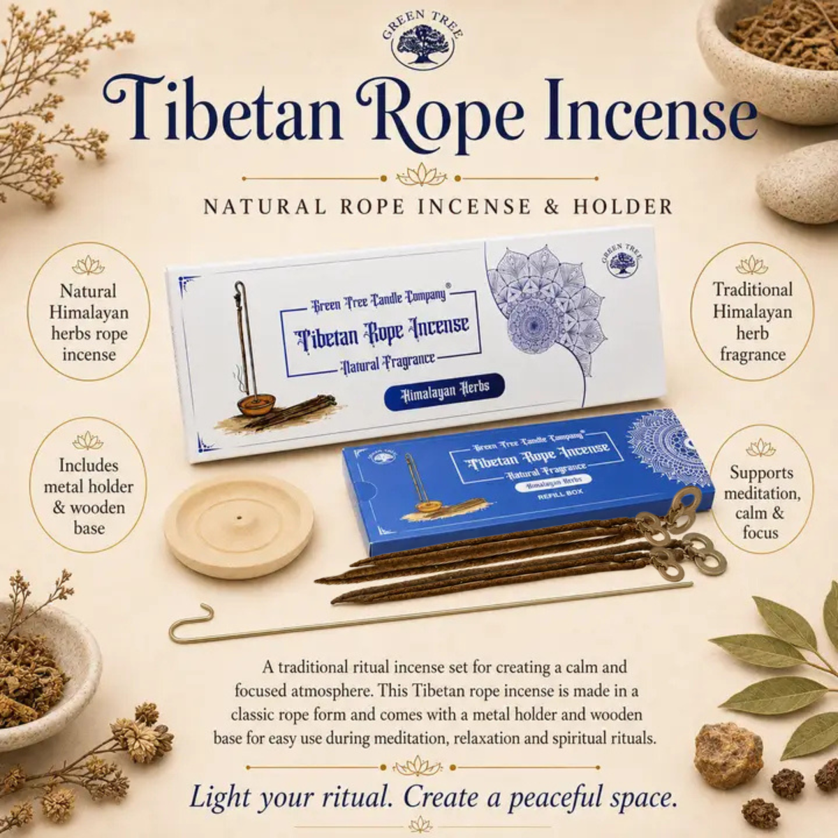 Green Tree Himalayan Herbs rope incense with holder