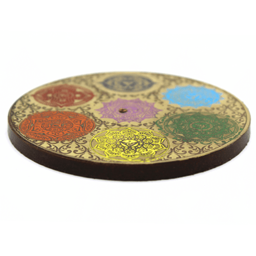 Wood & Brass Round Incense Holder 7 Chakras