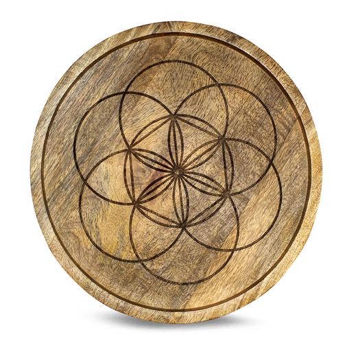 Mango Wood Crystal Grid Tray Seed of Life 30 cm