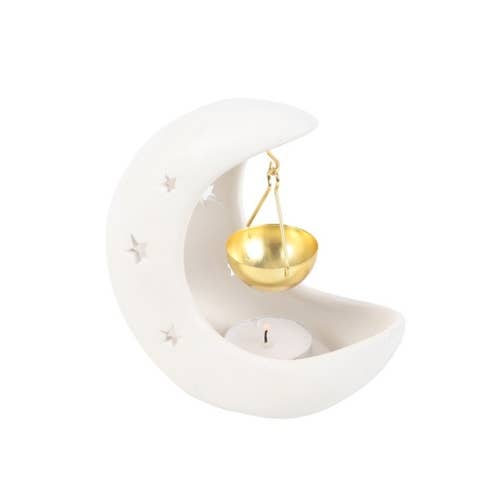 White Crescent Moon Oil Burner with Gold Dish