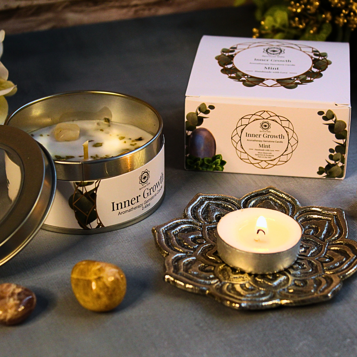 Green Tree Gemstone Candle Inner Growth Mint 70g