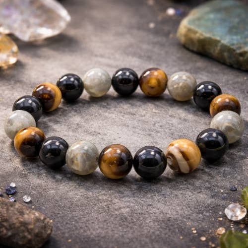 Labradorite, Black Tourmaline & Tiger Eye bracelet 10 mm
