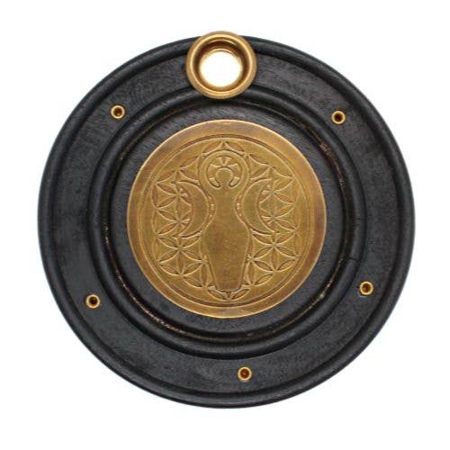 Mango Wood Incense Burner Brass Spiral&Flower of Life 10 cm