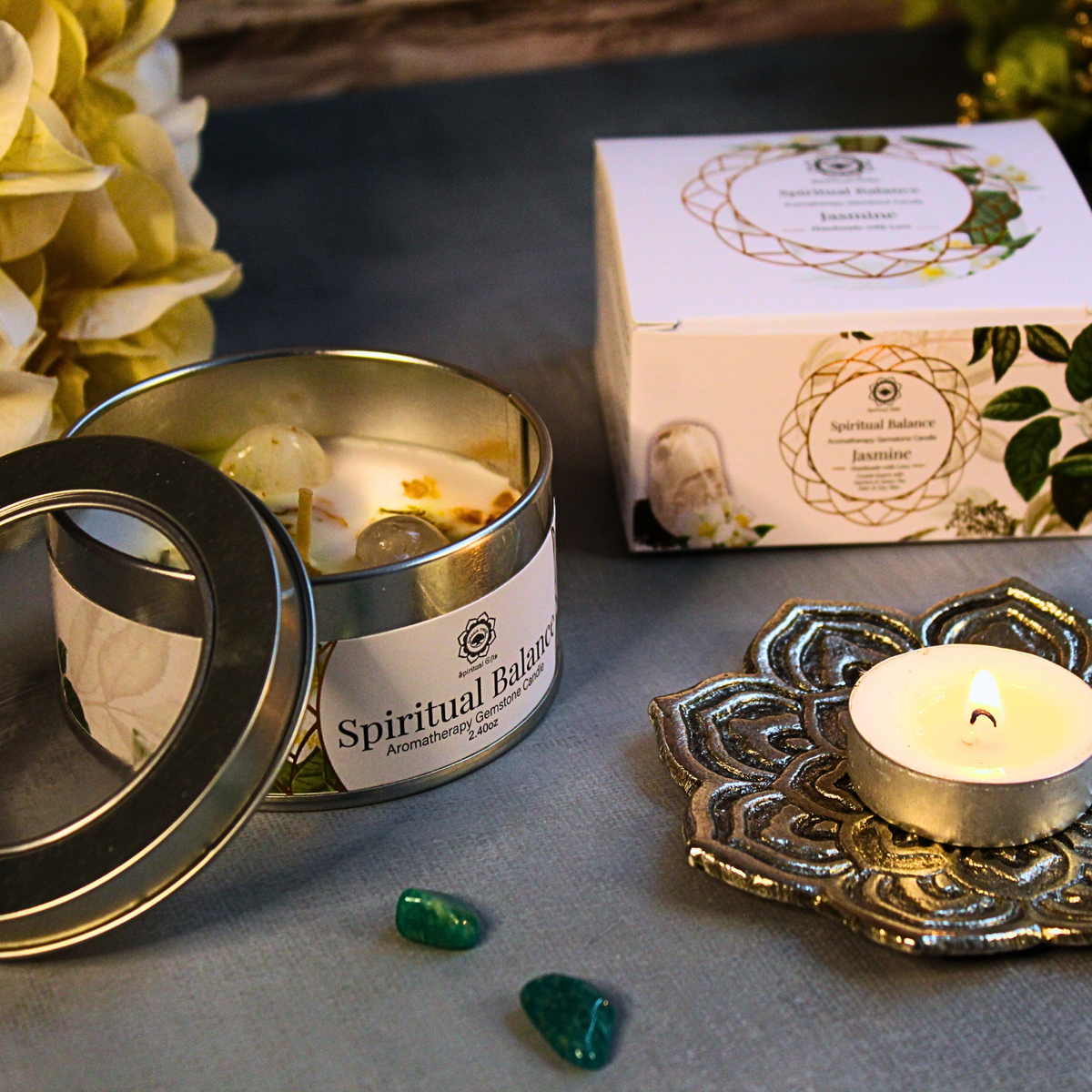 Green Tree Gemstone Candle Spiritual Balance Jasmine 70g