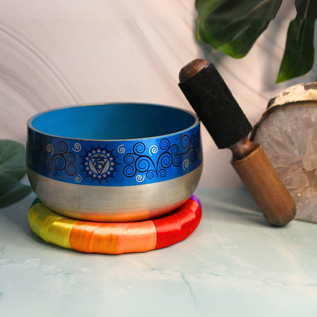 Throat Chakra Singing Bowl Silver Brass - Light Blue