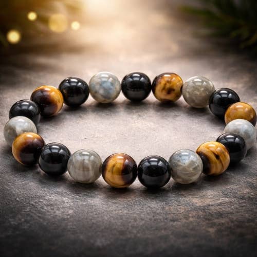 Labradorite, Black Tourmaline & Tiger Eye bracelet 10 mm