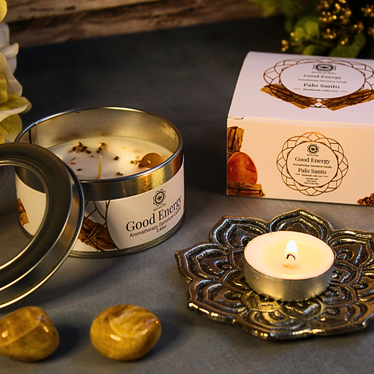 Green Tree Gemstone Candle Good Energy Palo Santo 70g