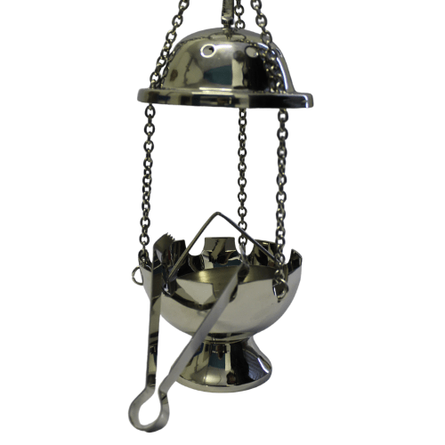 Incense Burner With Chain, Cup & Tong – Nickel Polish