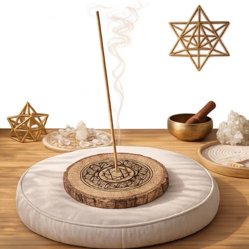 Mango Wood Incense Holder Flower of Life & Merkaba