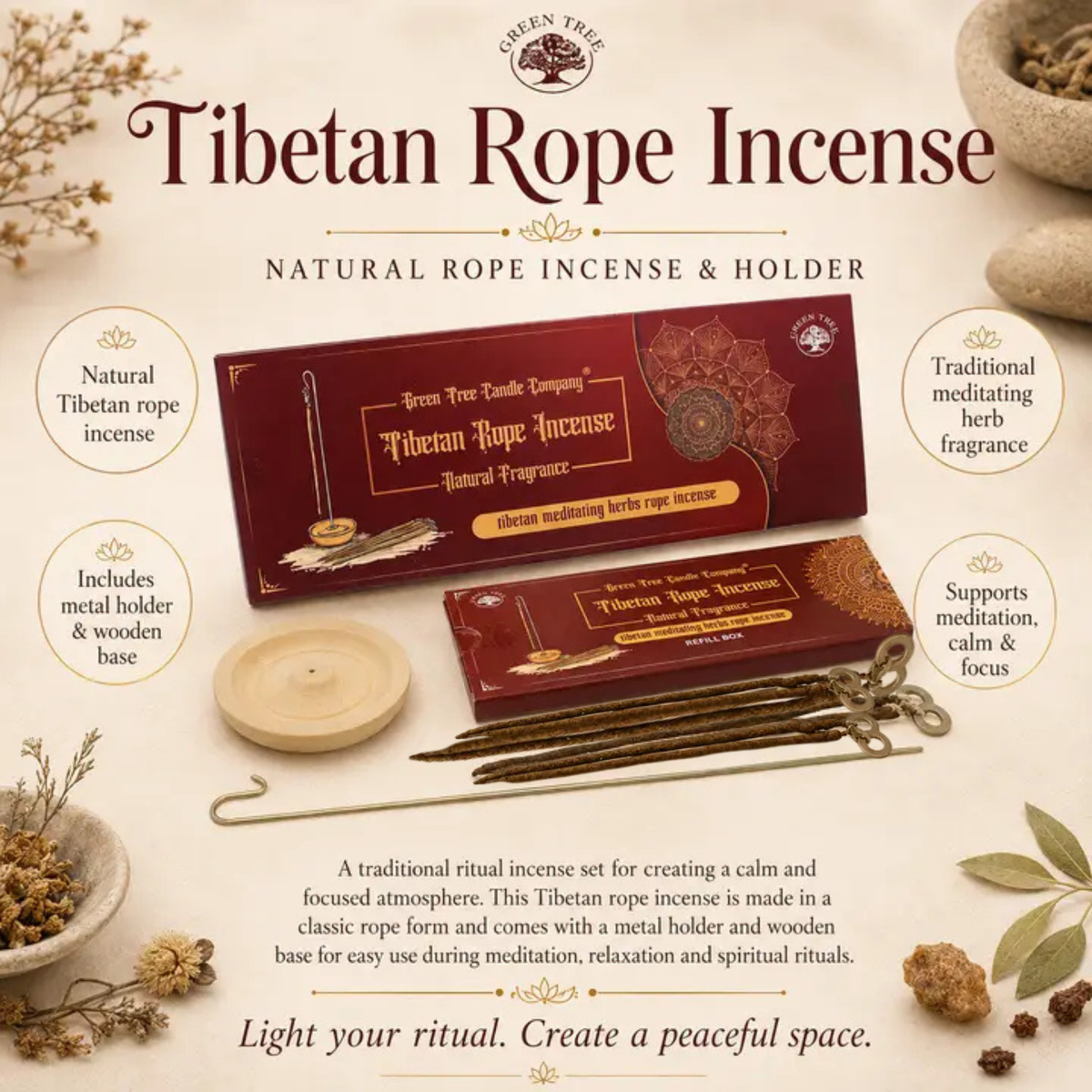 Green Tree Tibetan meditating herbs rope incense with holder