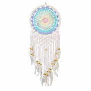 Colourful dreamcatcher with knitted piece, feathers & beads