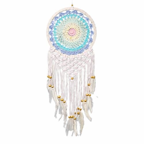 Colourful dreamcatcher with knitted piece, feathers & beads