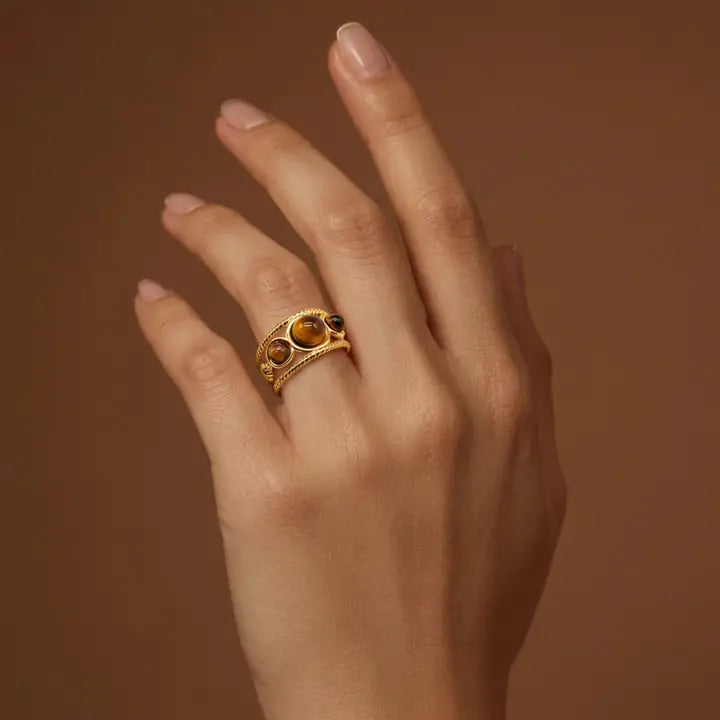 Bague triple en acier inoxydable, œil de tigre