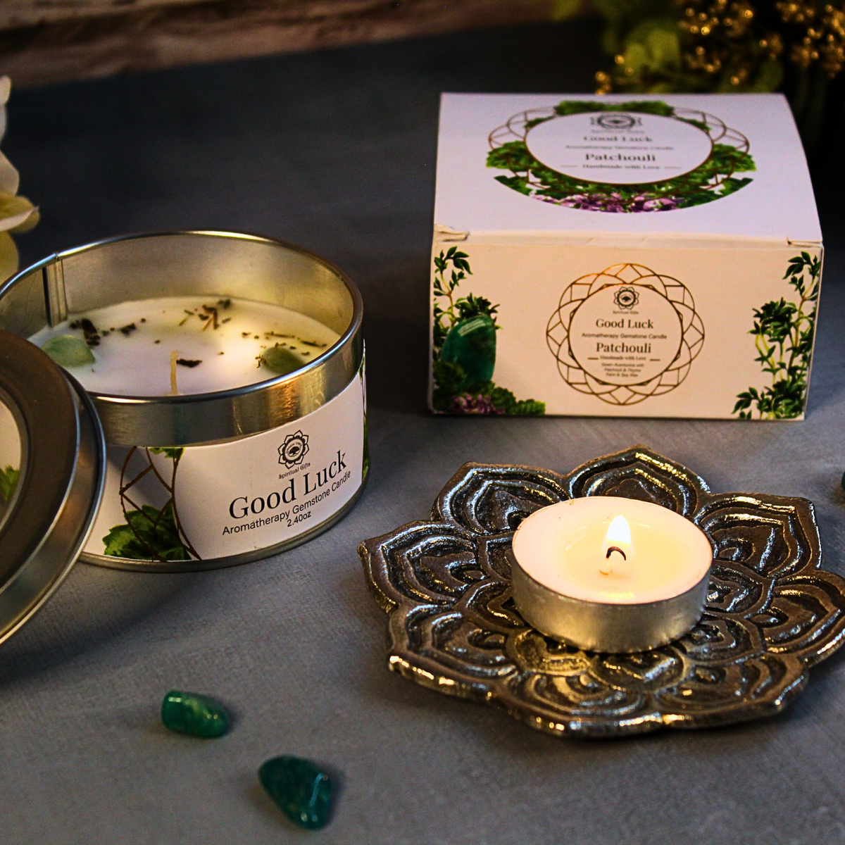 Green Tree Gemstone Candle Good Luck Patchouli 70g