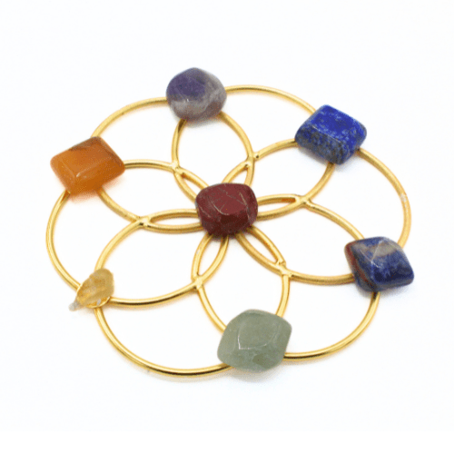 Seed Of Life Grid Gold Finish With 7 Chakra Stones