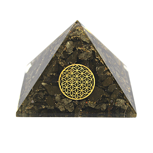 Large Orgonite pyramid. Pyrite with the Flower of Life