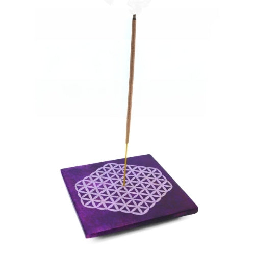Soapstone Square Plate Incense Holder, Purple Flower Of Life