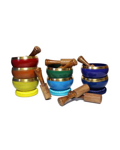 Brass Singing Bowl with stick & Cusion 10 cm 7 chakra set (7 bowls)