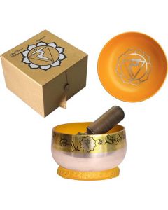 Cuenco Tibetano Chakra Nuevo Plateado Latón Amarillo con caja, anillo y palillo 