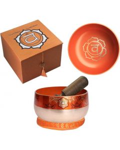 Cuenco Tibetano Chakra Nuevo Plateado Latón Naranja con caja, anillo y palillo 