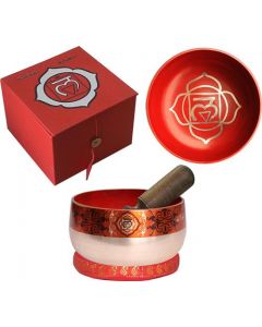 Cuenco Tibetano Chakra Nuevo Plateado Latón Rojo con caja, anillo y palillo 