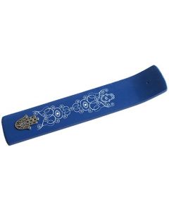 Cobalt Blue Wooden Incense Holder with Metal Hand of Fatima